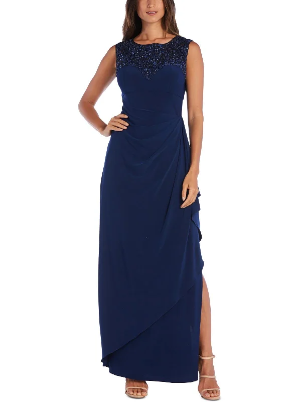 Petites Womens Embellished Long Evening Dress