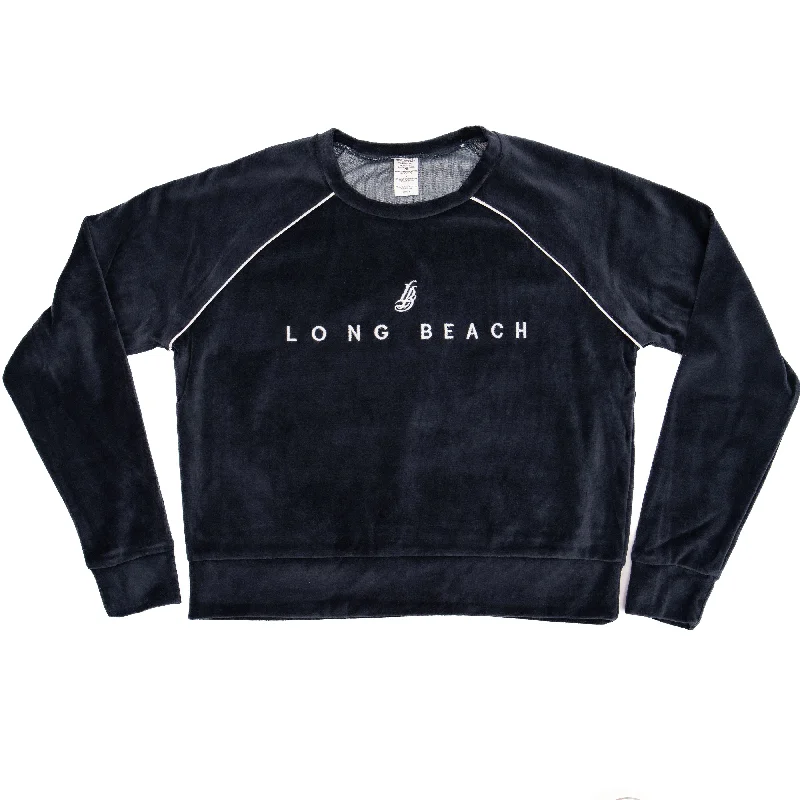 Embroidered Women's Velour Navy Crew Neck Crop Long Sleeve