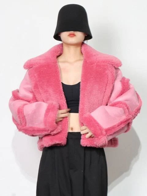 Pink Casual Lambswool Punk Biker Jacket For Women Lapel Long Sleeve Short Coat