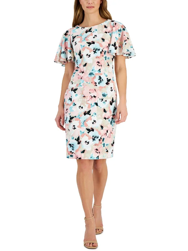 Womens Floral Print Flutter Sleeve Sheath Dress