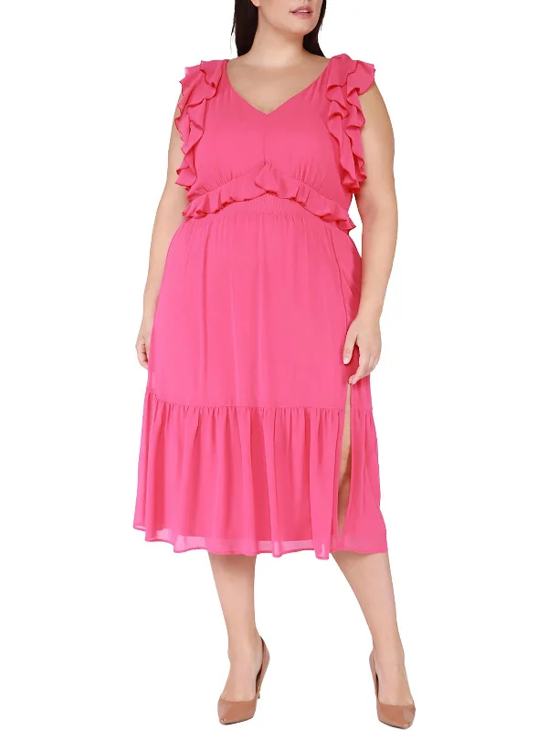 Plus Womens Ruffled Flutter Sleeve Midi Dress