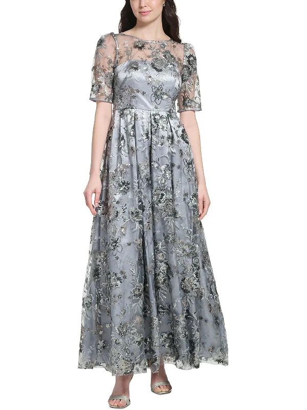 Womens Floral-Embroidered Long Evening Dress