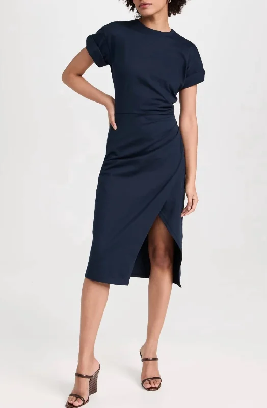 Faux Wrap Midi Dress In Navy