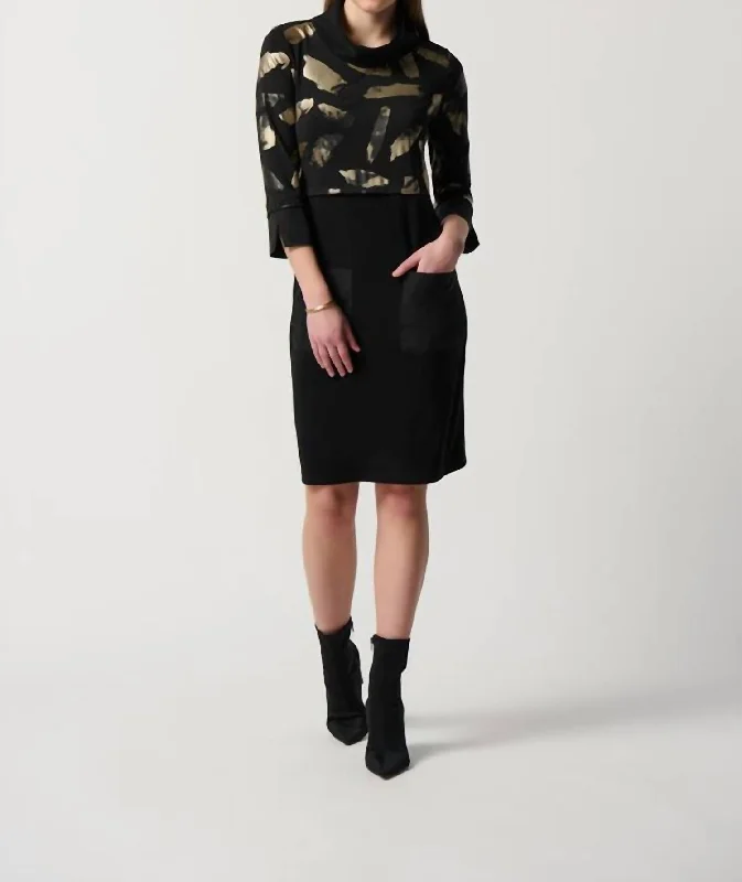 Abstract Metallic Print Dress In Black/gold