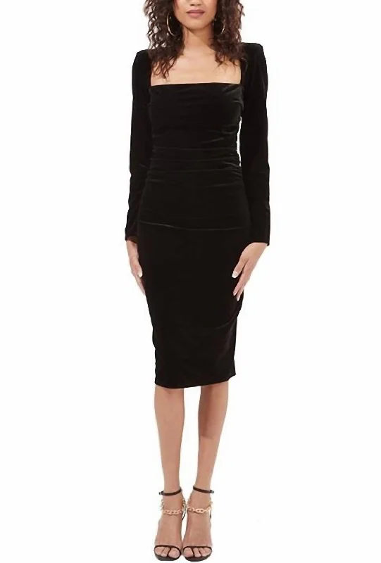 Virginia Velvet Square Neck Midi Dress In Black