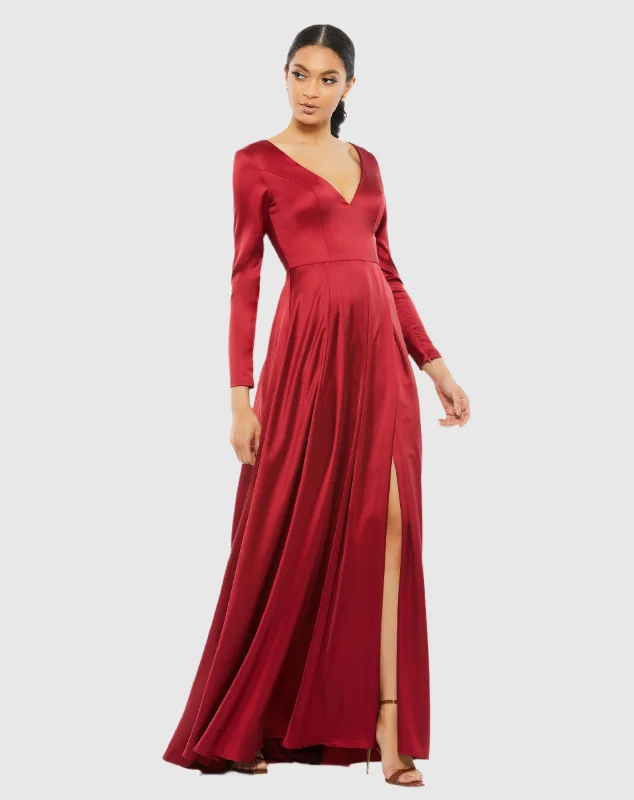 Red Satin V Neck Long Sleeve Pleated Gown - FINAL SALE