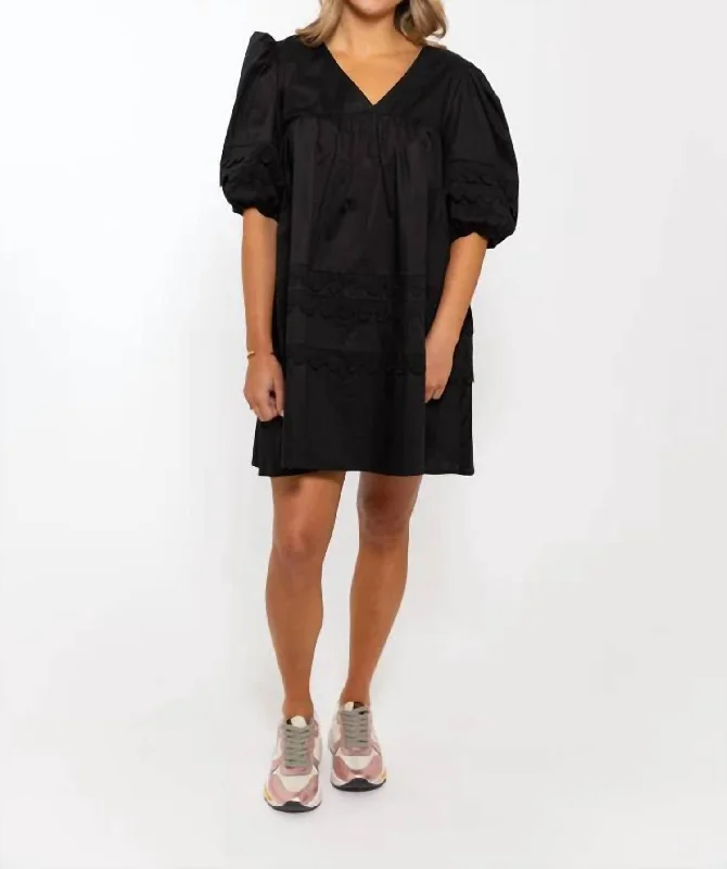 Poplin V-Neck Scallop Puff Dress In Black