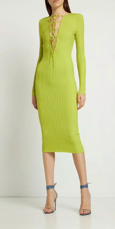 Rib Knit Midi Dress In Lime Green