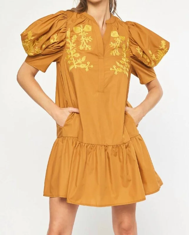 Embroidered Puff Sleeve Dress In Gold