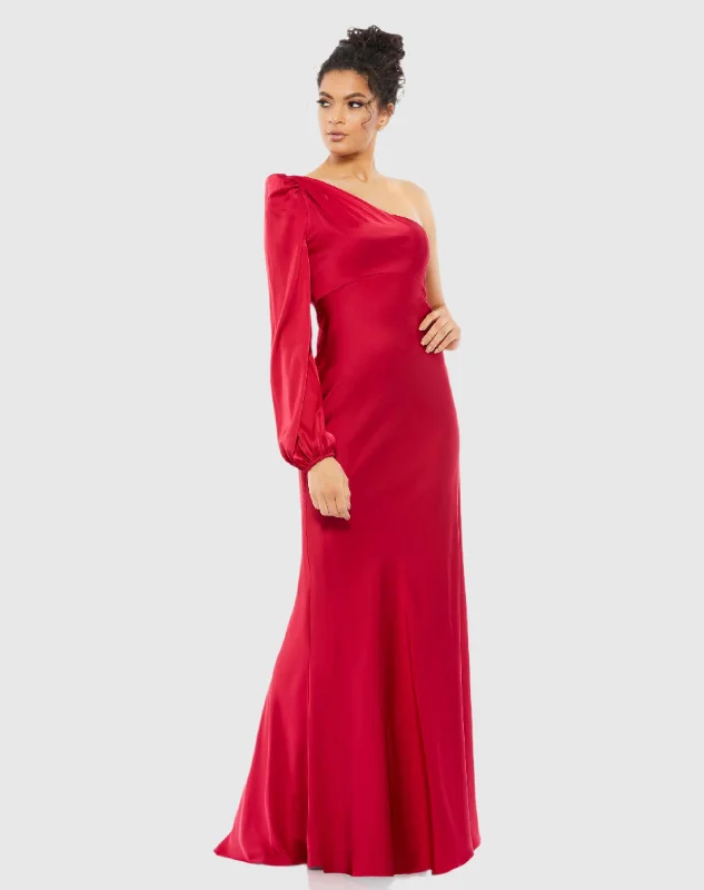 Red One Shoulder Blouson Sleeve Gown