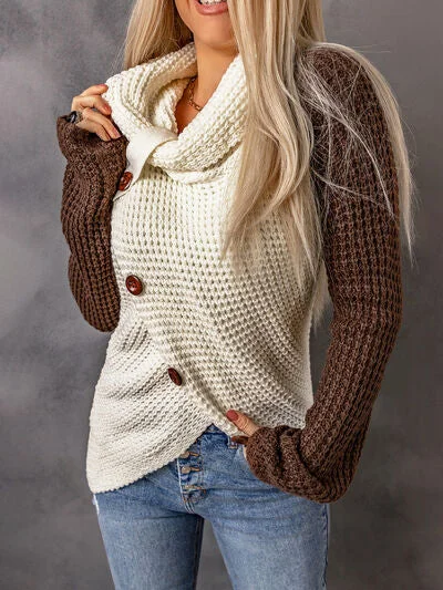 Contrast Decorative Button Turtleneck Ladies Sweater