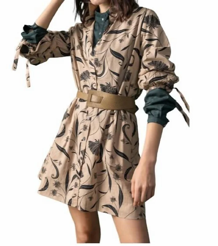 Full Sleeve Button Front Shirt Dress In Stucco Print