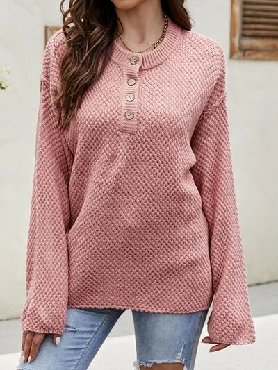 Quarter Button Dropped Shoulder Ladies Sweater Sweatshirt