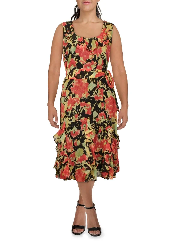 Plus Womens Chiffon Floral Midi Dress