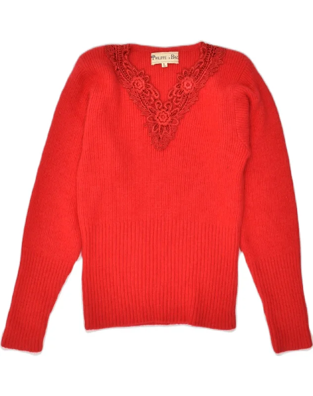 VINTAGE Womens V-Neck Jumper Sweater UK 14 Large Red Lambswool