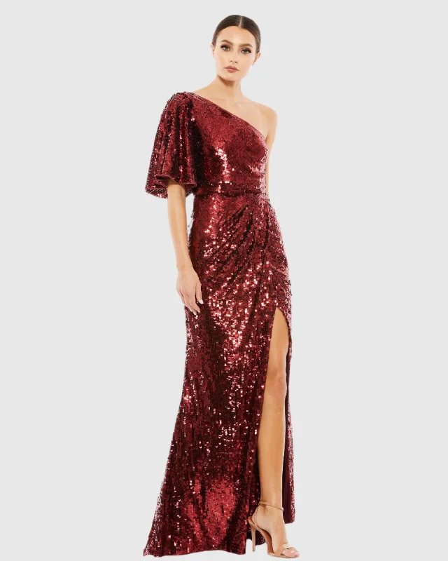 Red Embellished Cap Sleeve Cowl Neck Trumpet Gown