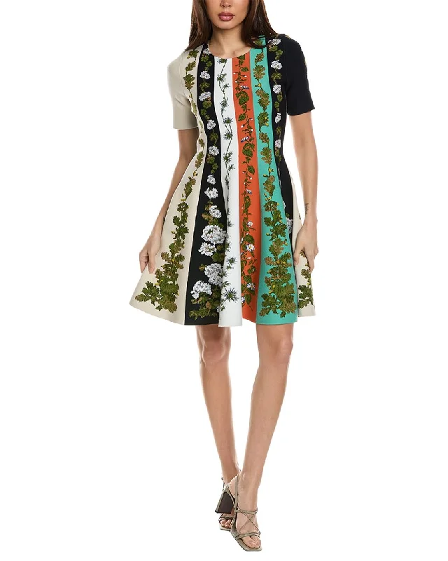 Oscar de la Renta Botanical Stripe Jacquard A-Line Dress