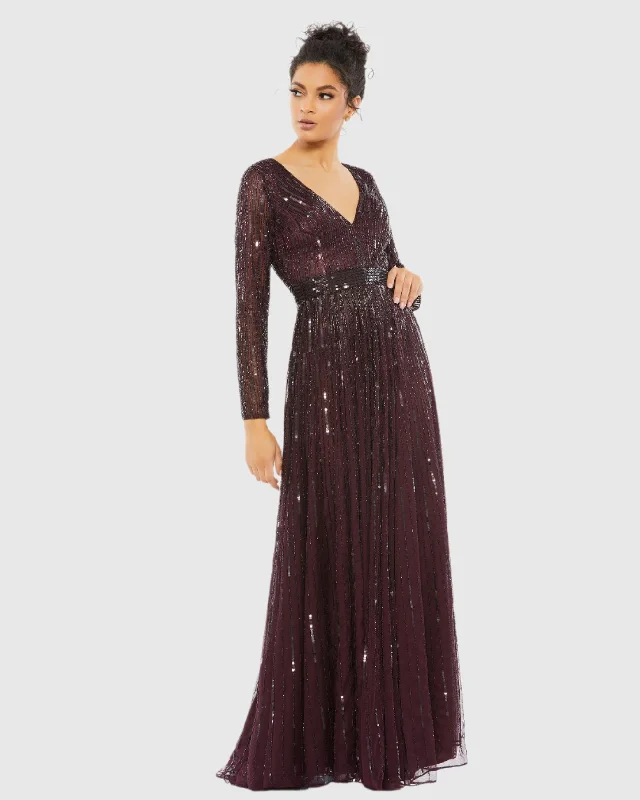 Red Sequined V Neck Illusion Sleeve A Line Gown