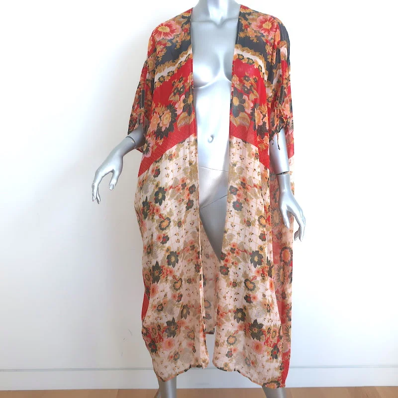 Mes Demoiselles Machu Kimono Jacket Red/Multi Floral Print Cotton One Size NEW