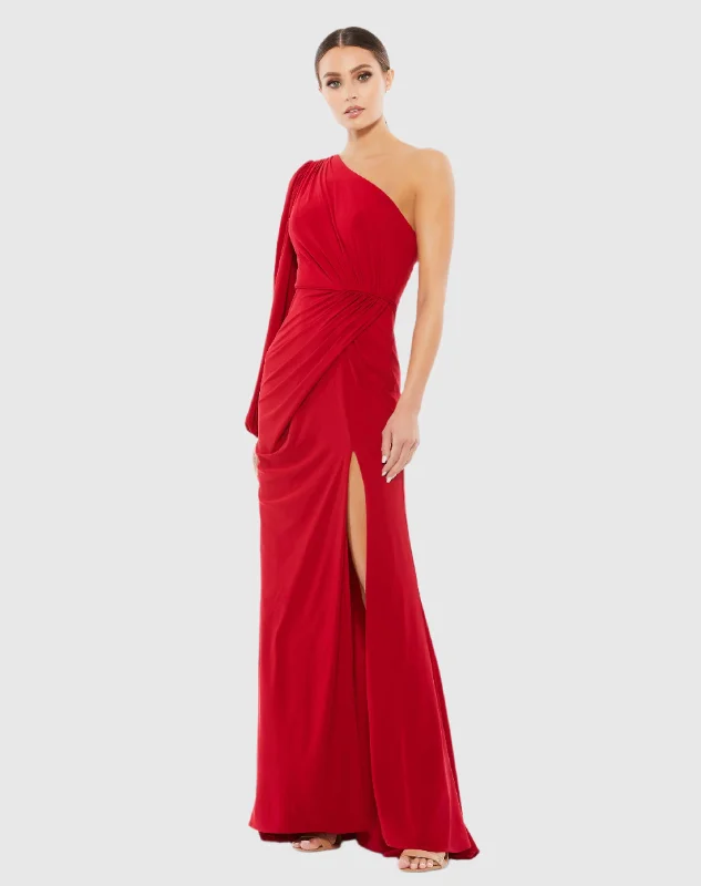 Red One Shoulder Puff Sleeve Faux Wrap Gown