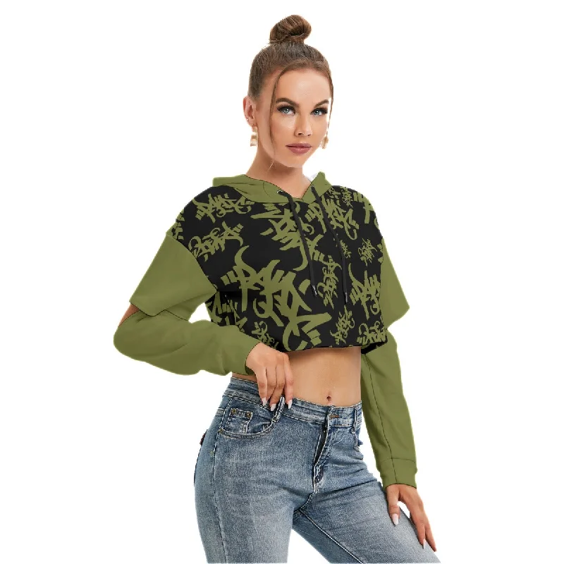 OLIVE/BLACK TAG ALL-OVER PRINT CROP HOODIE OPEN ELBOW