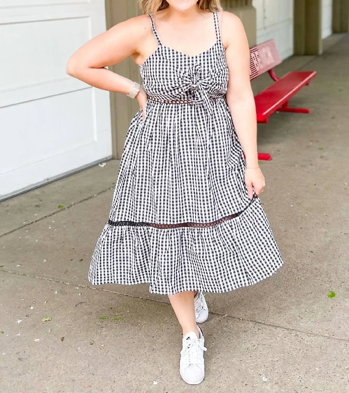 Picnic Party Gingham Midi Dress In Black & White