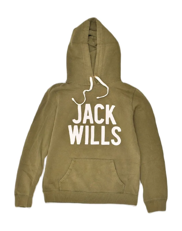 JACK WILLS Womens Graphic Hoodie Jumper UK 10 Small  Khaki Cotton