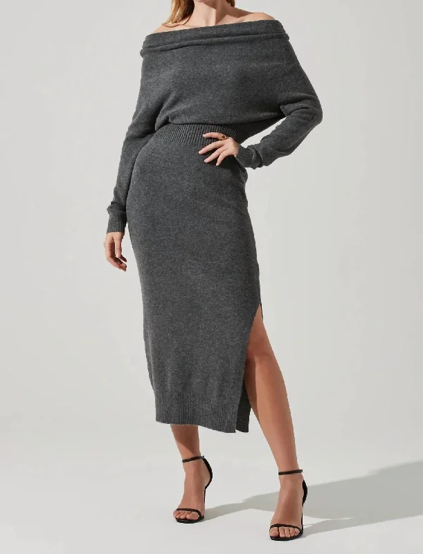 The Label Cora Off Shoulder Midi Sweater Dress In Charcoal