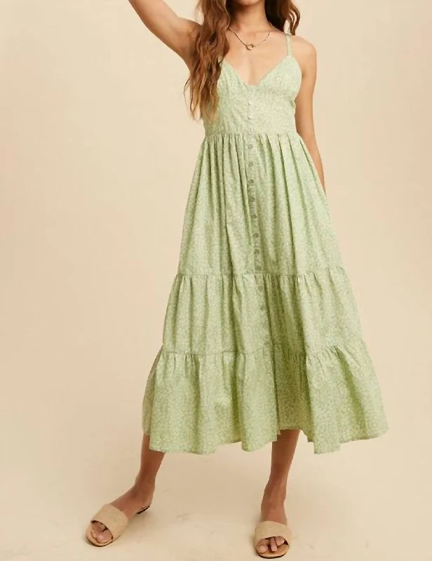 Romy Floral Midi Dress In Green Tea