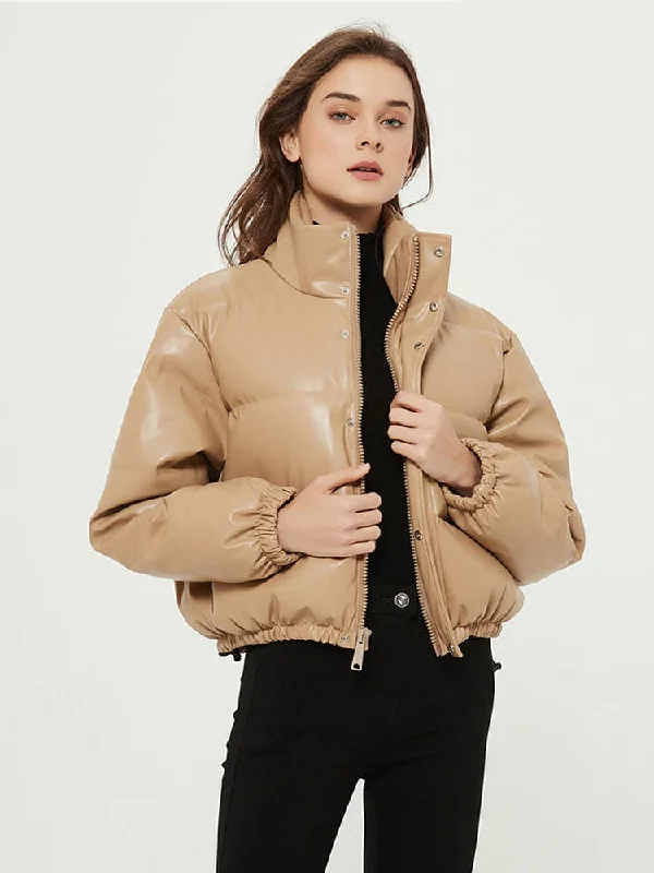 Women Fashion Faux Leather Parkas Thick Warm Jacket