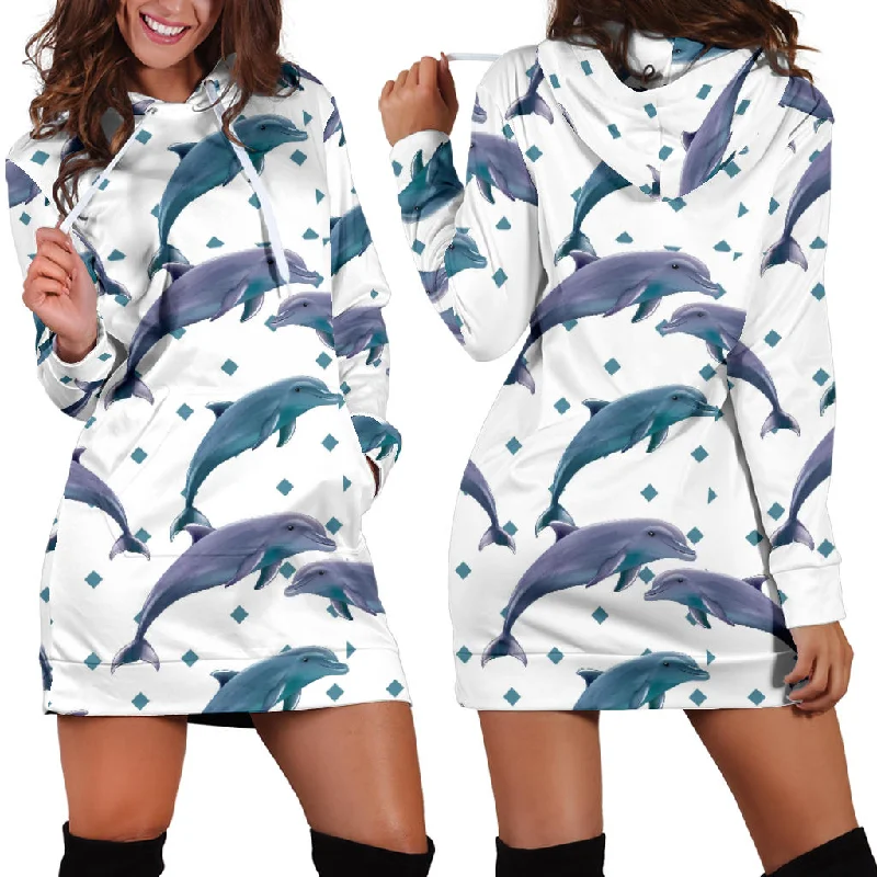 Dolphins Pattern Dotted Background Women'S Hoodie Dress