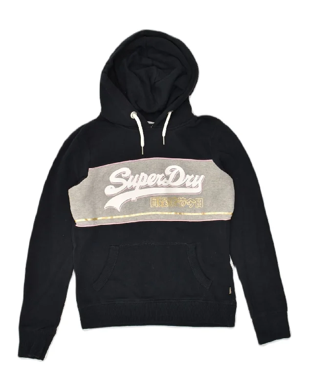 SUPERDRY Womens Graphic Hoodie Jumper UK 8 Small  Black Colourblock Cotton