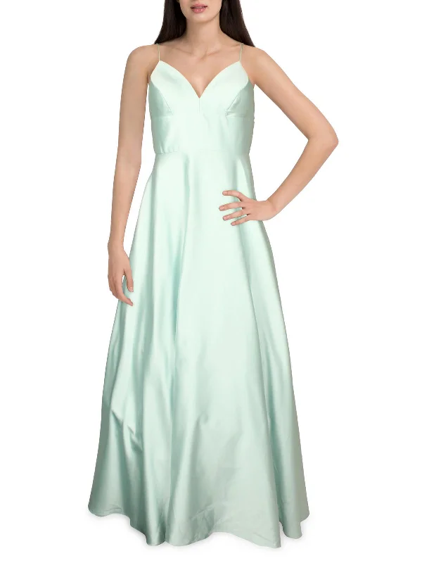 Womens Satin V-Neck Evening Dress