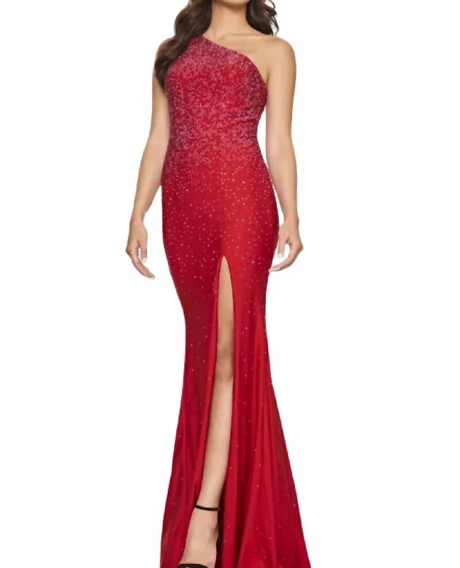 One Shoulder Hot Stone Gown In Red