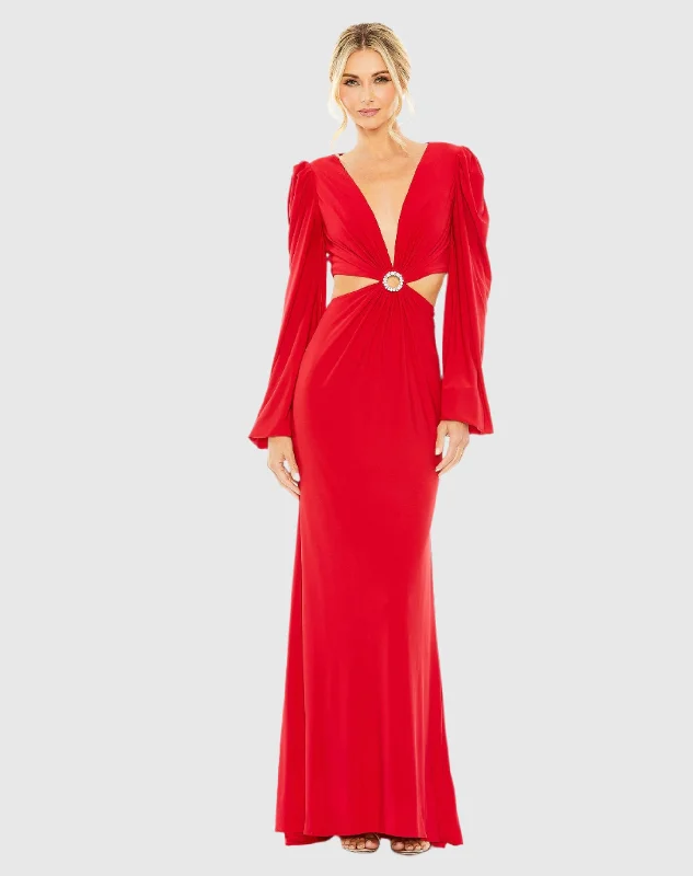 Red Jersey Puff Sleeve Cut Out Column Gown - FINAL SALE