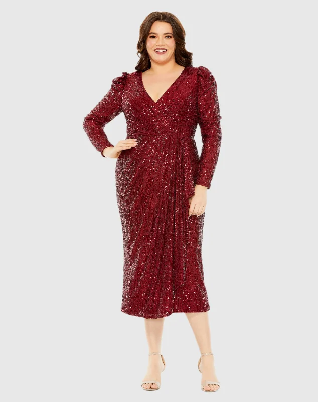 Red Princess Long Sleeve V Neck Sequin Dress