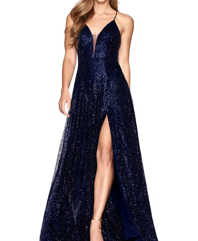 Sequin A-Line Gown In Navy