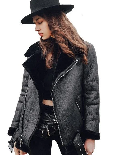 Women Black Lamb Fur Short Motorcycle Faux Sheepskin Shearling Coat