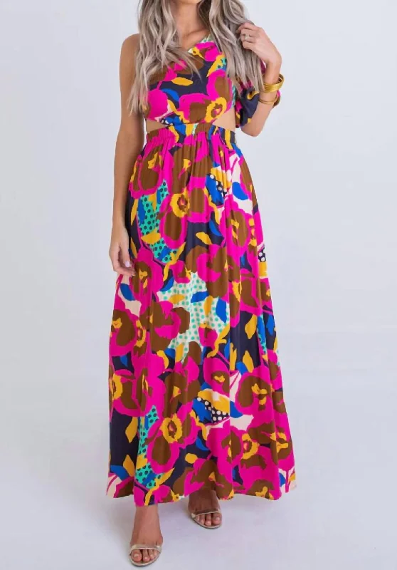 Santina Big Floral Dot One-Shoulder Dress In Multi Color