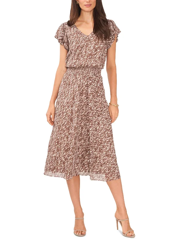 Womens Daytime Flutter Sleeve Midi Dress