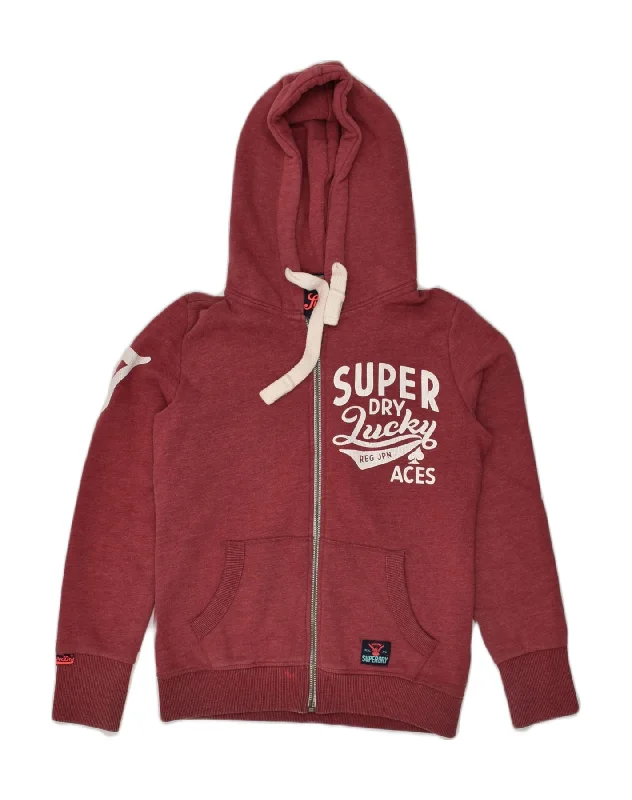 SUPERDRY Womens Graphic Zip Hoodie Sweater UK 10 Small Burgundy Cotton