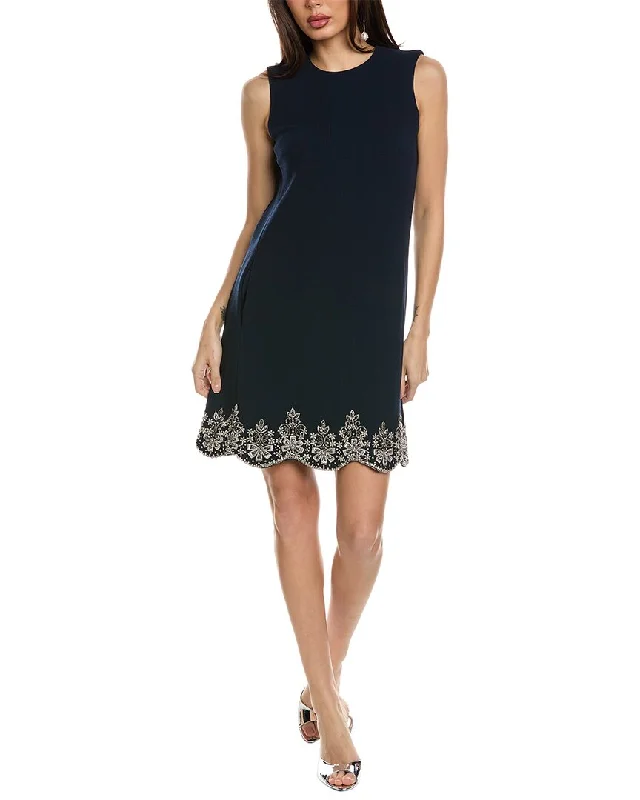 Oscar de la Renta Sleeveless Crystal Scallop Embellished Silk-Lined Wool-Blend