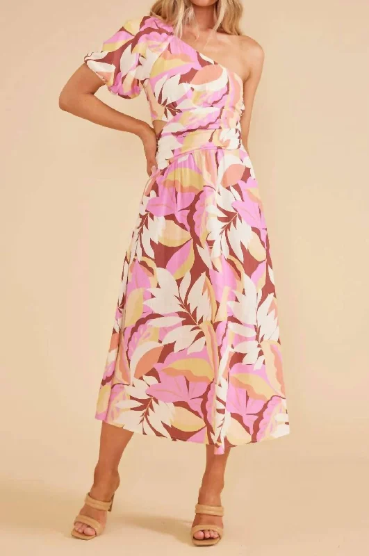 Kali One Shoulder Midi Dress In Pink Multi