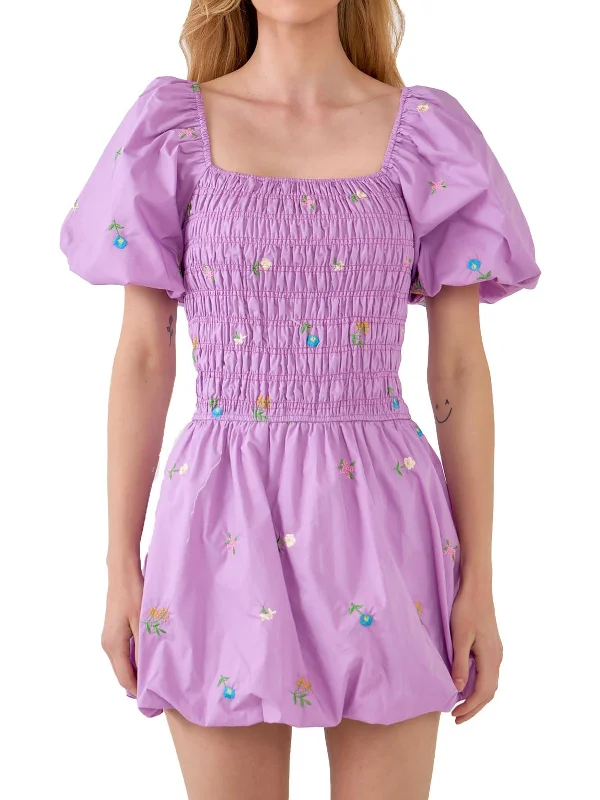 Womens Smocked Embroidered Mini Dress