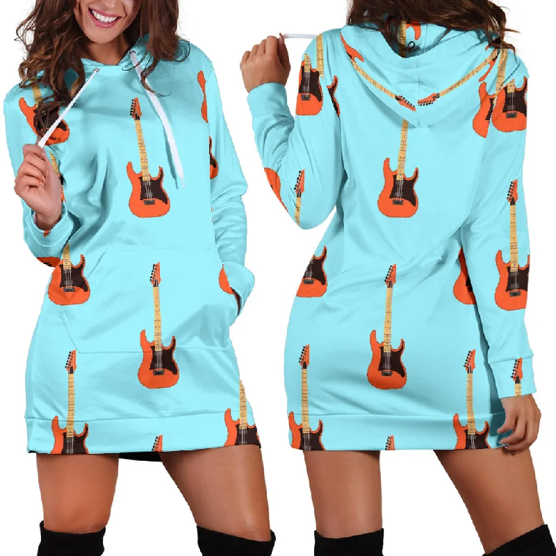 Electric Guitar Pattern Light Blue Background Women'S Hoodie Dress