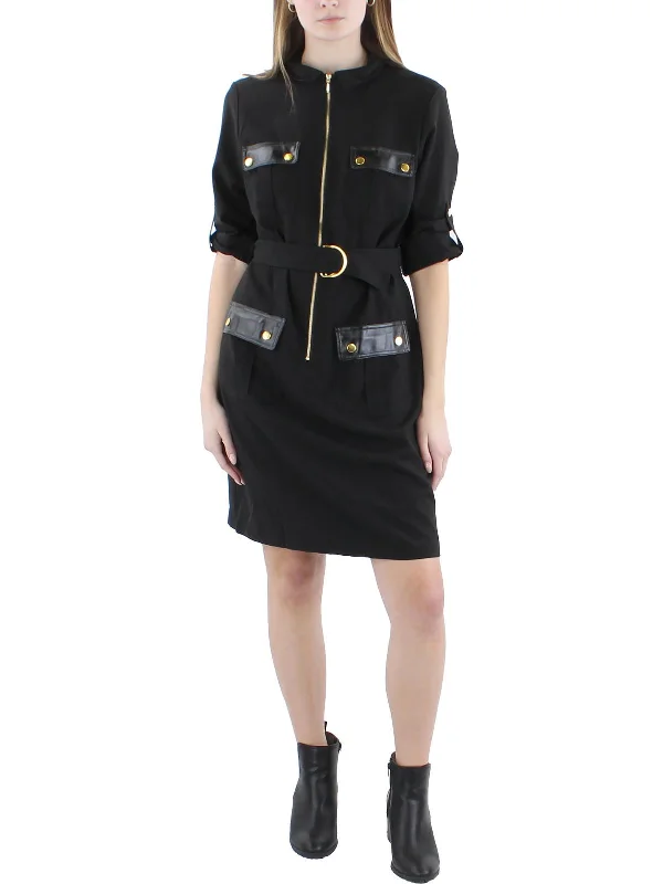 Womens Collar Roll Up Sleeves Mini Dress