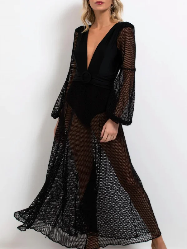 Netted Beach Plunge Maxi Dress In Black