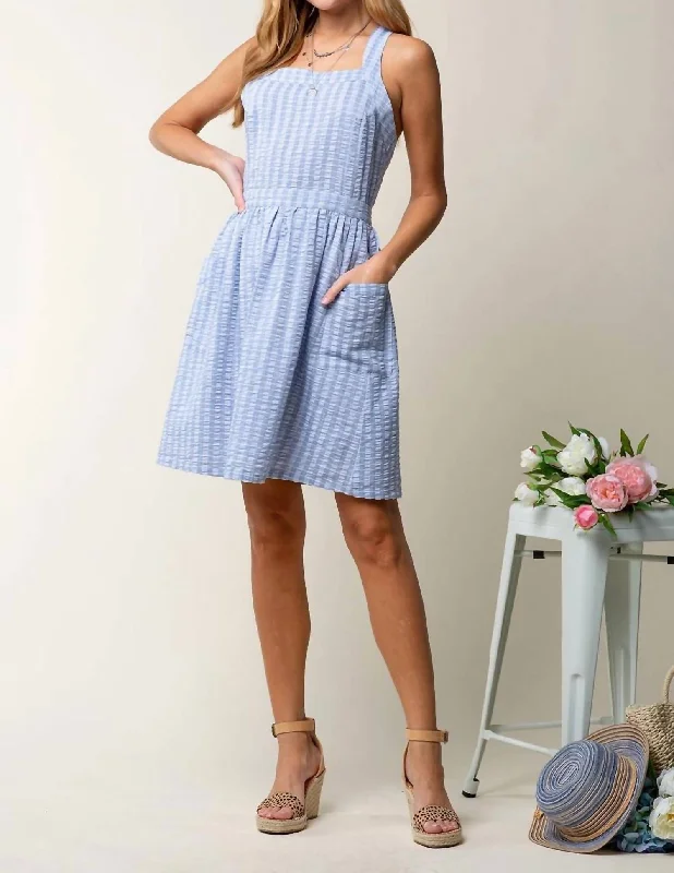 Button Down Dress With Criss Cross Strap In Blue