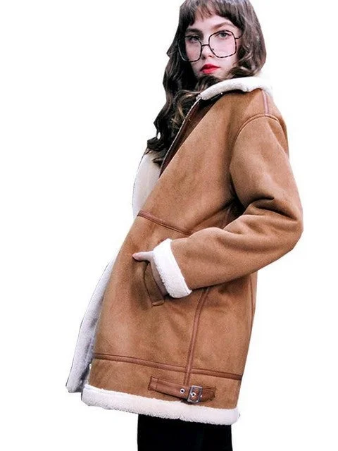 AshoreShop Womens Sheepskin Suede Style Warm Thick Jacket