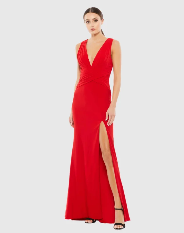 Red Pleated Bodice Jersey Column Gown